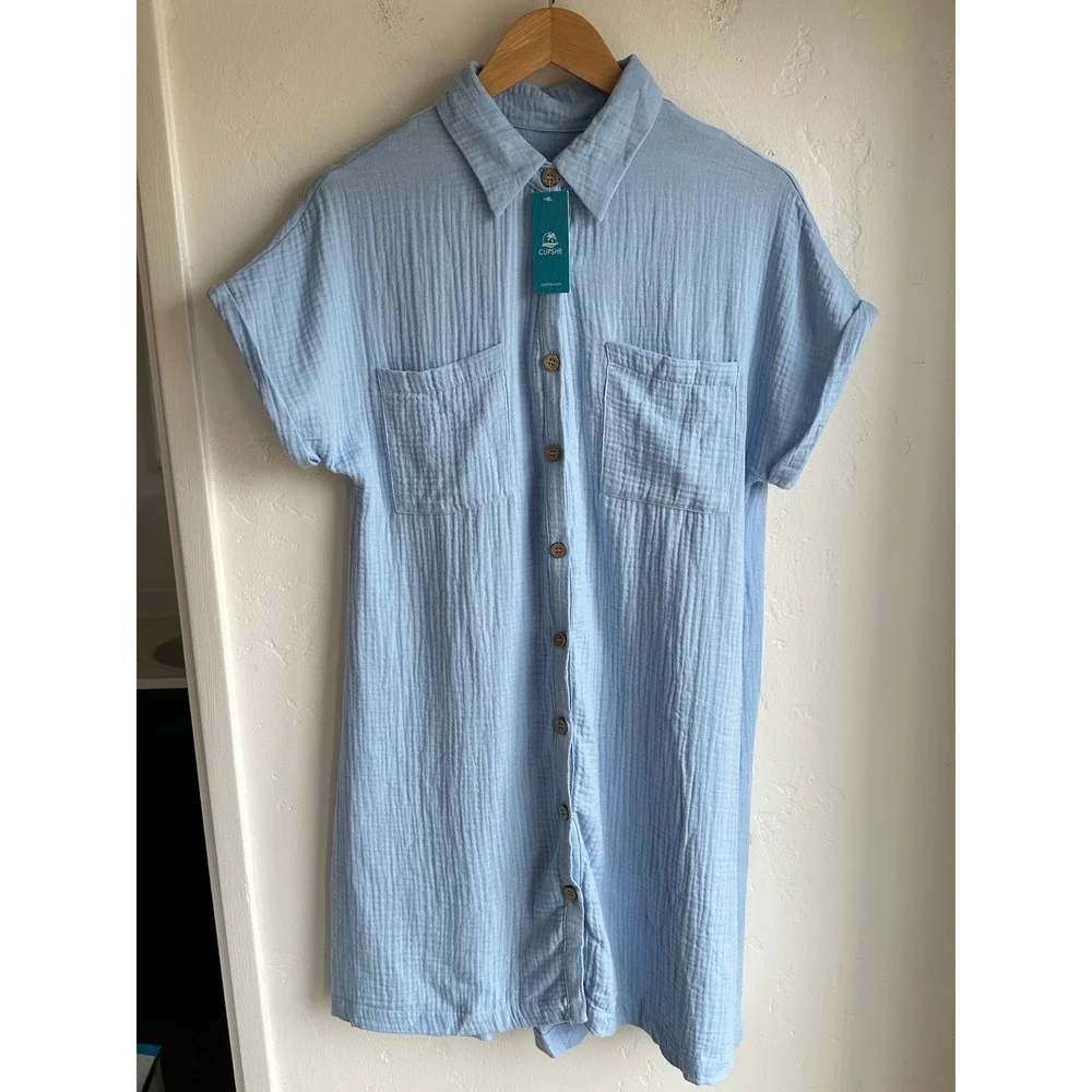 Cupshe‎ Light Blue Cotton Gauze Button Front Shirt Dress Cover Up Size Medium